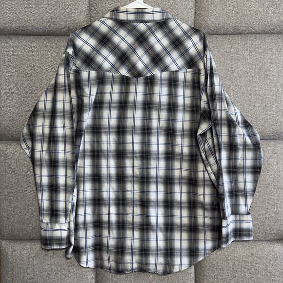 Ely Cattleman Mens Long Sleeve Pearl Snap Western Shirt XL Blue Black Plaid - Picture 10 of 12